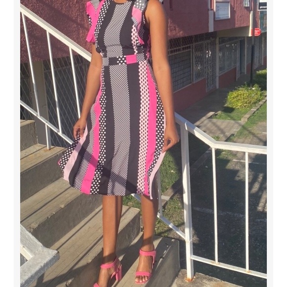 Shein Pink Black Polka Dot Striped Print Dress NWT - Picture 4 of 11